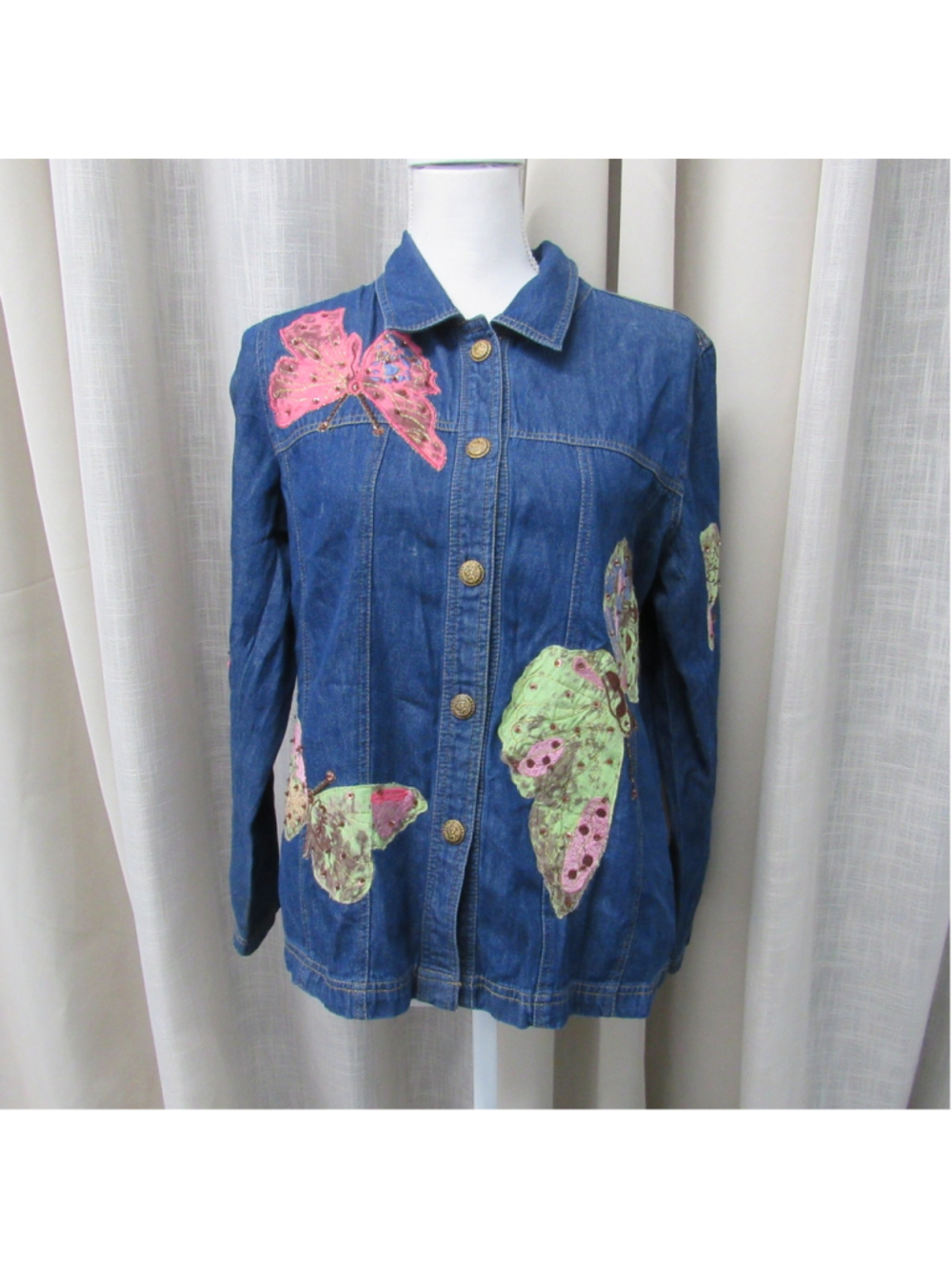 VTG Tapestry Patch Denim Jacket Women M Butterfly Beaded Embroidered Button Up